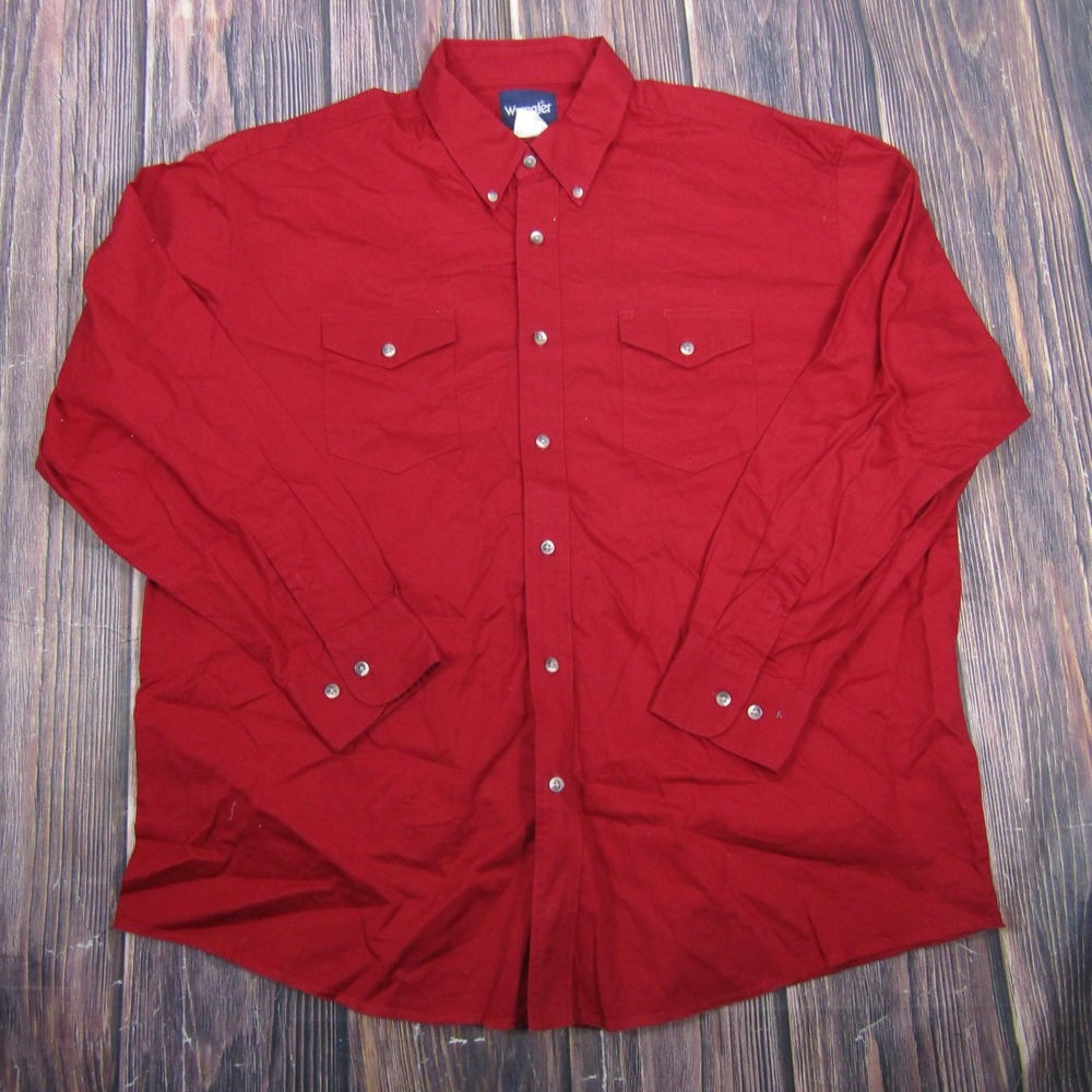 Wrangler‎ Shirt Mens 2XL Red Solid Long Sleeve Western Snap Pockets Casual